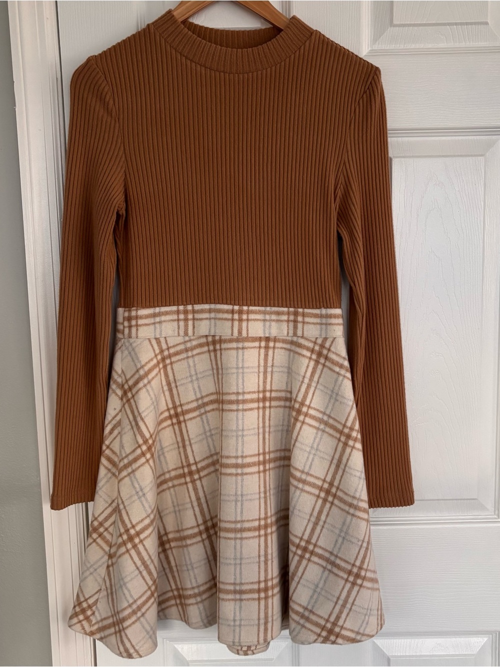 Cupshe Brown Ribbed Top with Cream Plaid Skirt Dress